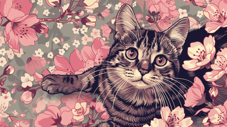 Tabby Cat in Cherry Blossoms