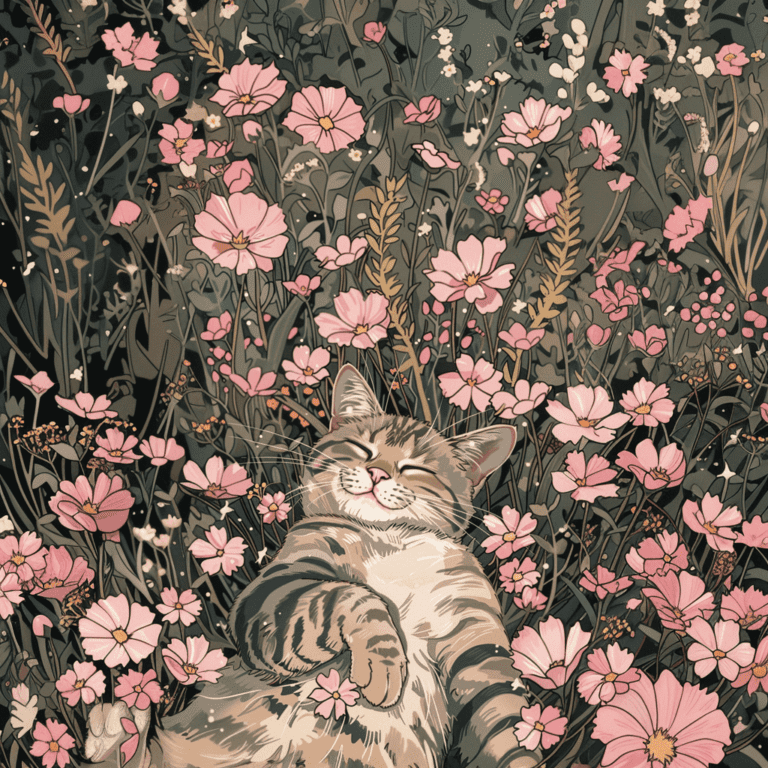 Tabby Cat in a Field of Night Flowers